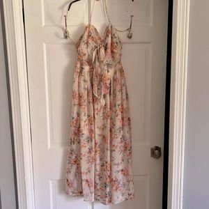 Floor length floral maxi dress with center cut out